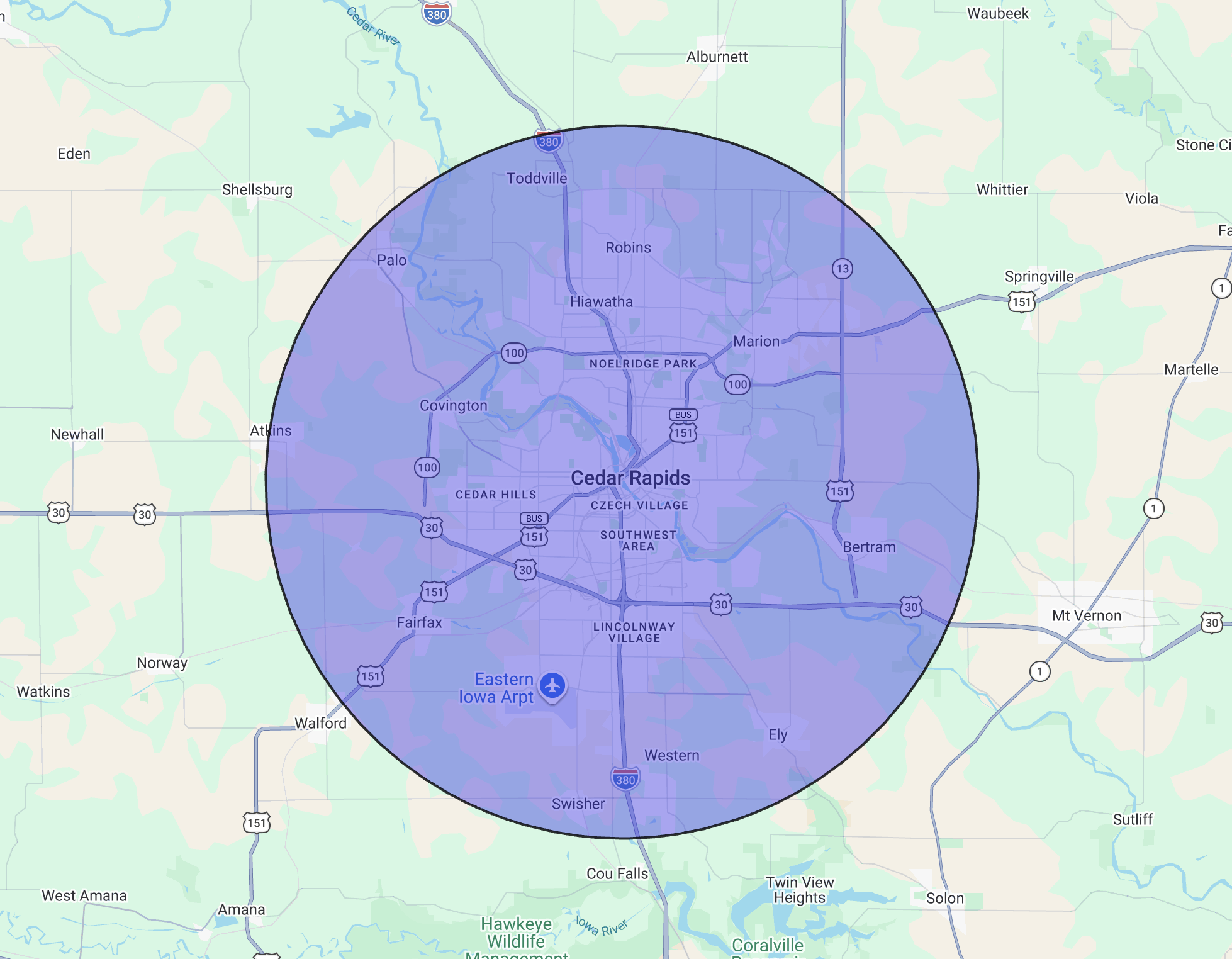 Map showing MaxFlow Gutter Cleaning service area around Cedar Rapids, Iowa
